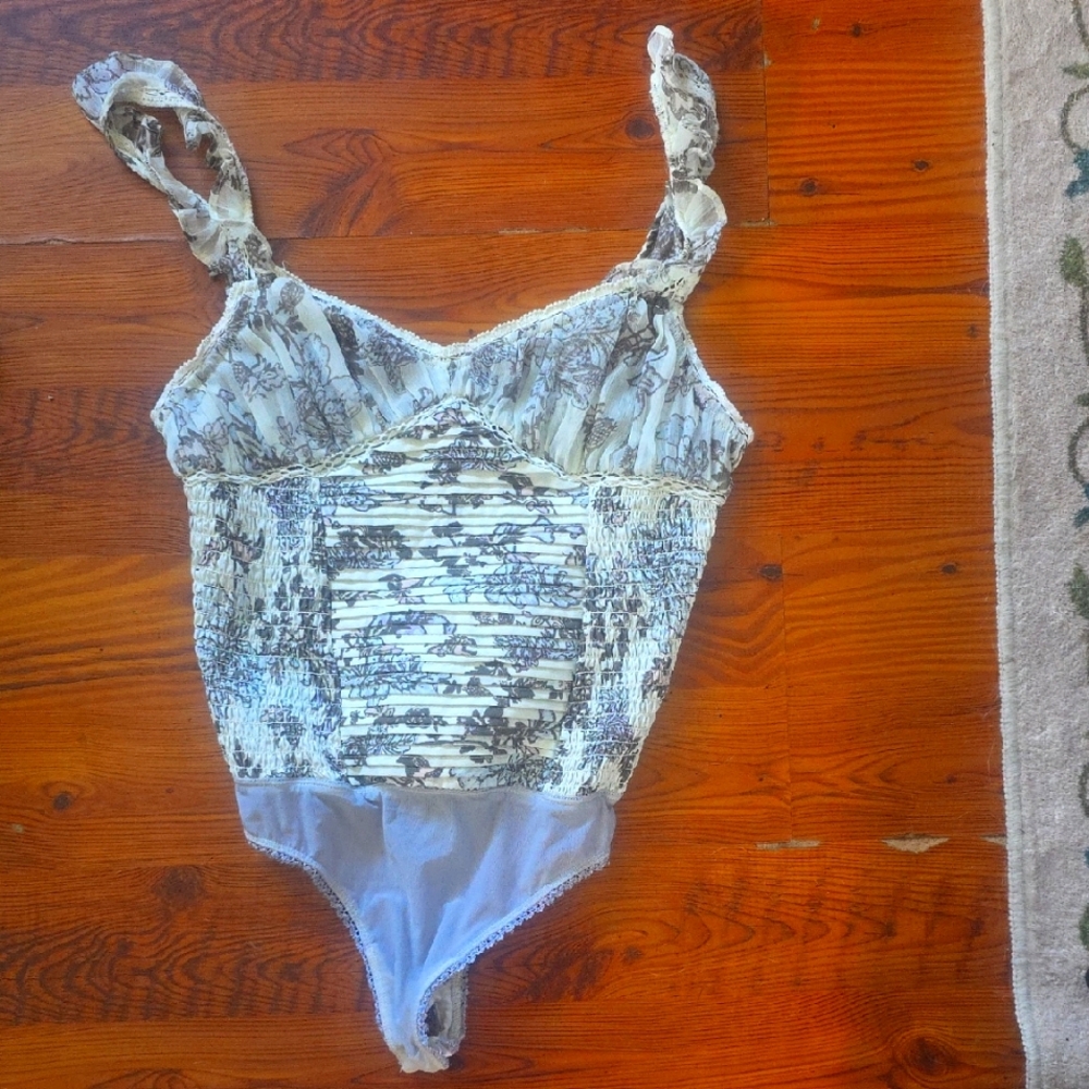 Free People Floral Smocked Bodysuit in White and Light Gray